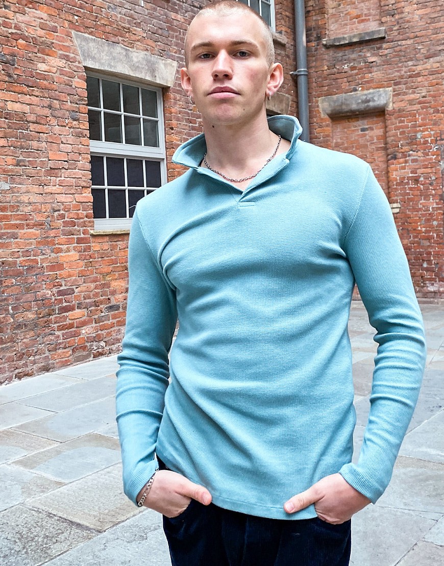 ASOS DESIGN long sleeve waffle revere polo in blue