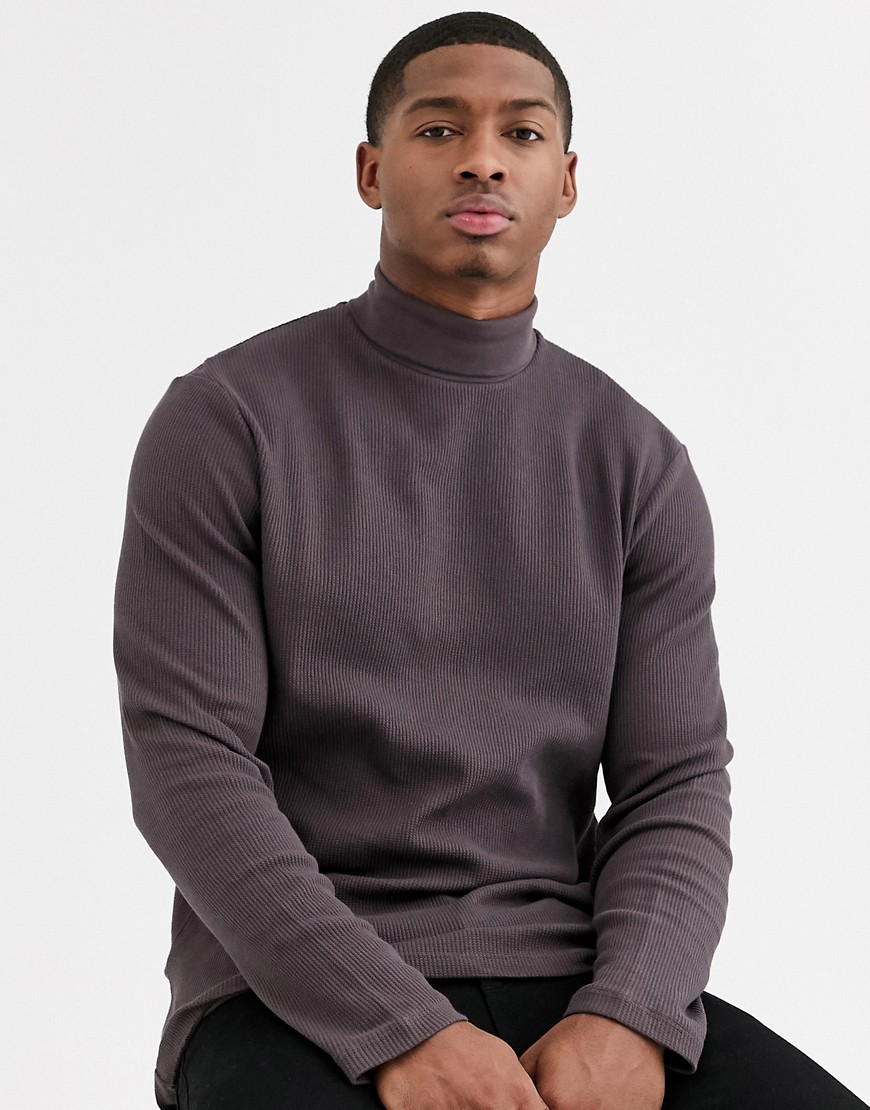 ASOS DESIGN long sleeve waffle roll neck in brown