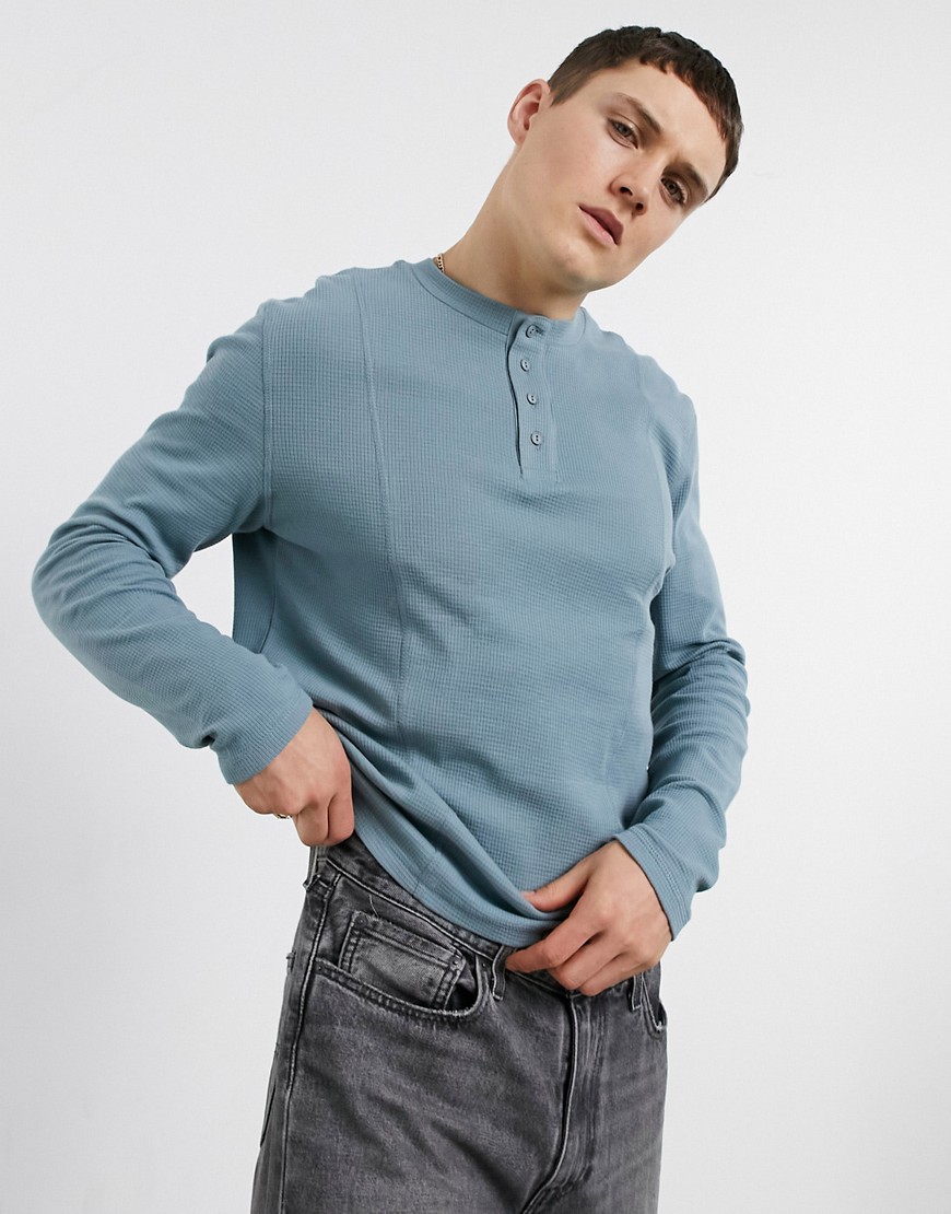ASOS DESIGN long sleeve waffle T-shirt with band collar in blue gray-Grey