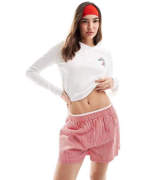 ASOS DESIGN long sleeve waffle top with newport yacht pocket graphic in white - view 1