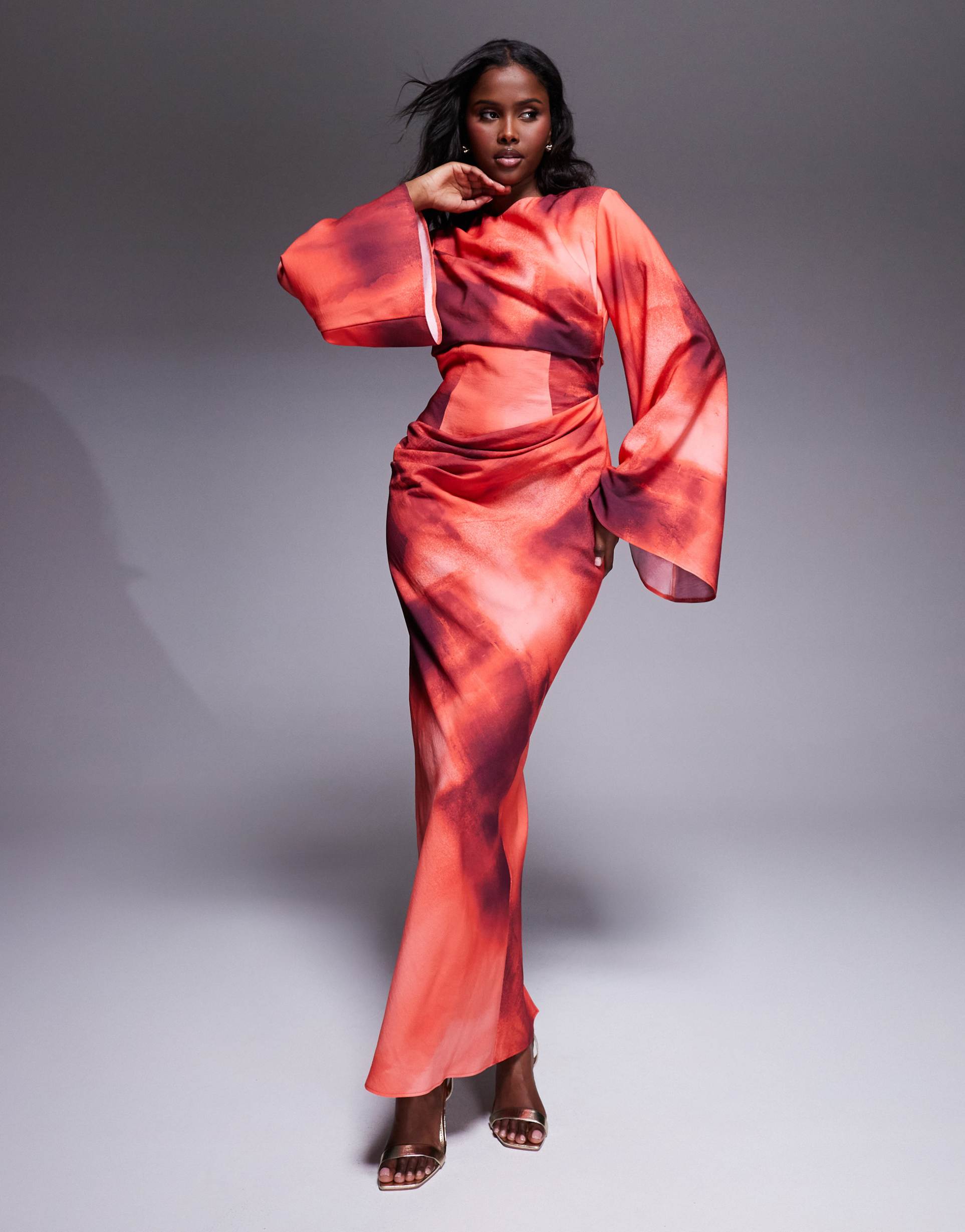 asos design long sleeve waisted maxi dress in abstract print