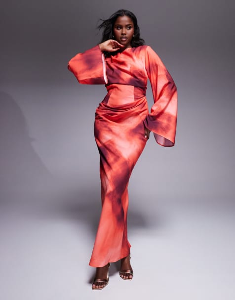 ASOS DESIGN long sleeve waisted maxi dress in abstract print