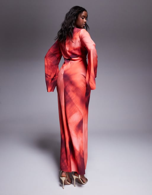 ASOS DESIGN long sleeve waisted maxi dress in abstract print