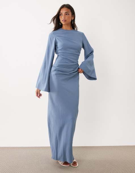 ASOS DESIGN long sleeve waisted maxi dress in blue grey - view 1
