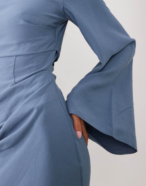 ASOS DESIGN long sleeve waisted maxi dress in blue grey, 3 of 4