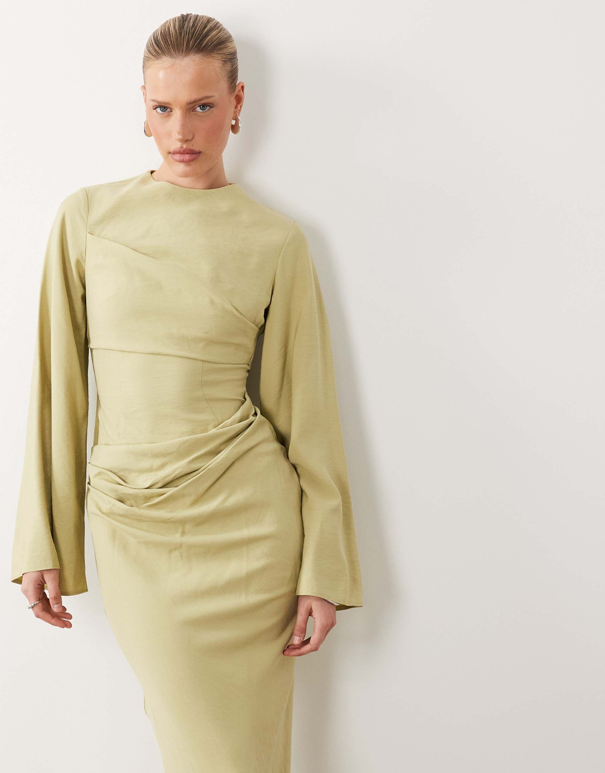 asos design long sleeve waisted maxi dress in light sage