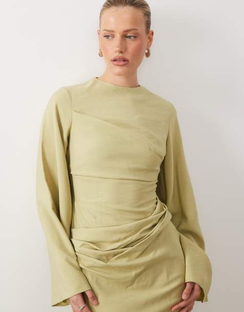 knee length dresses for ladies Wild Rose Light Green Puff-Sleeve Cut-Out Maxi Dress – Club L London