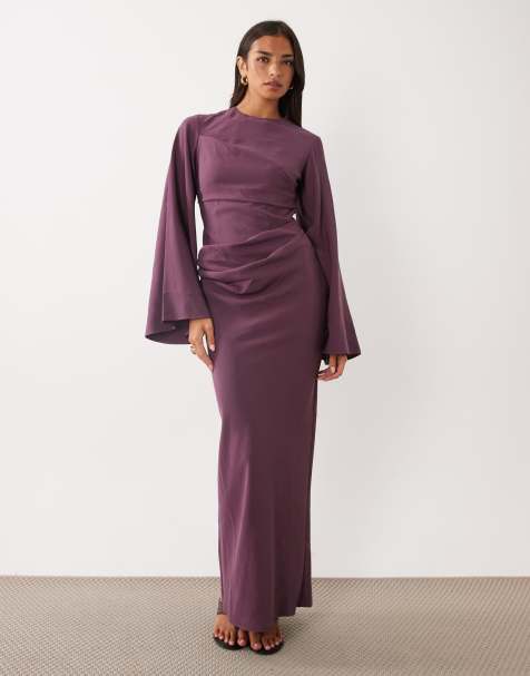 ASOS DESIGN long sleeve waisted maxi dress in mulberry - view 1