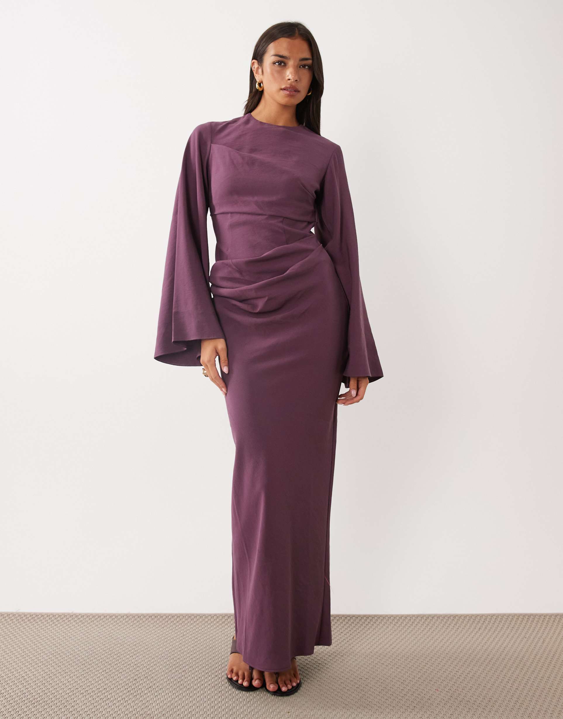 asos design long sleeve waisted maxi dress in mulberry