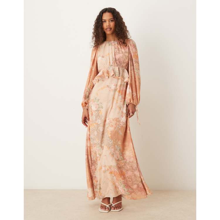 ASOS DESIGN long sleeve waisted ruffle detail maxi dress in peach floral |  ASOS