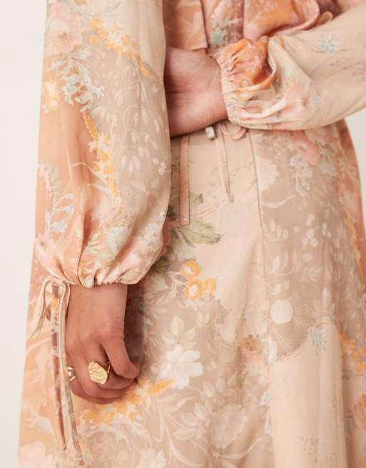 ASOS DESIGN long sleeve waisted ruffle detail maxi dress in peach floral