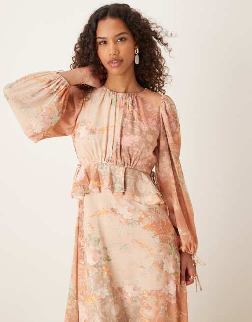 ASOS DESIGN long sleeve waisted ruffle detail maxi dress in peach floral