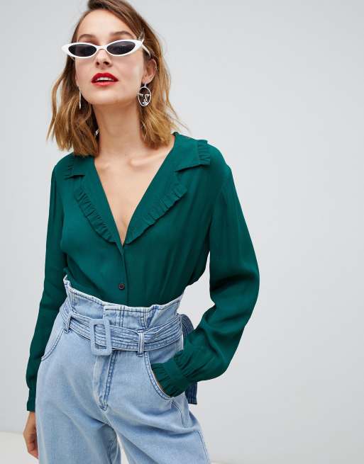 ASOS DESIGN long sleeve waisted tea blouse with collar detail