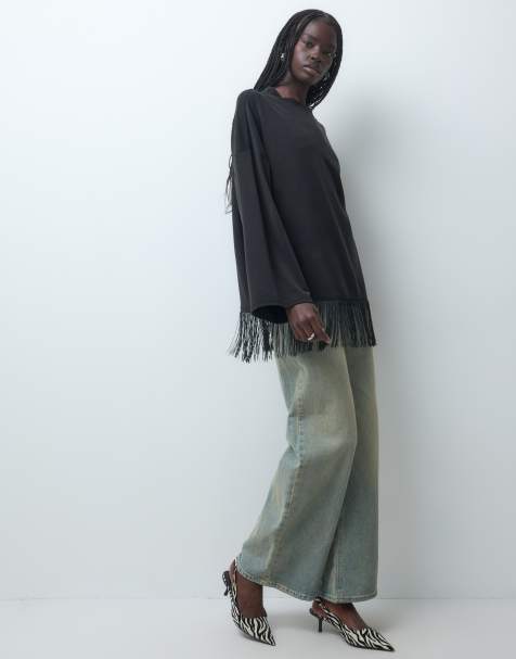 ASOS DESIGN long sleeve washed fringe trim skate t-shirt in black - view 1