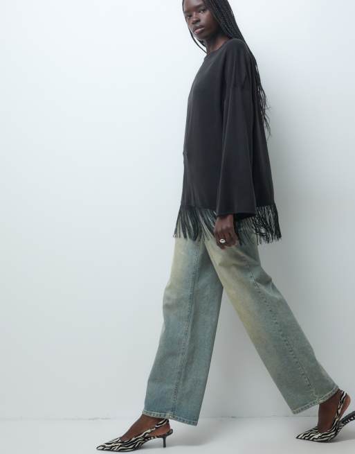 ASOS DESIGN long sleeve washed fringe trim skate t-shirt in black, 5 of 5
