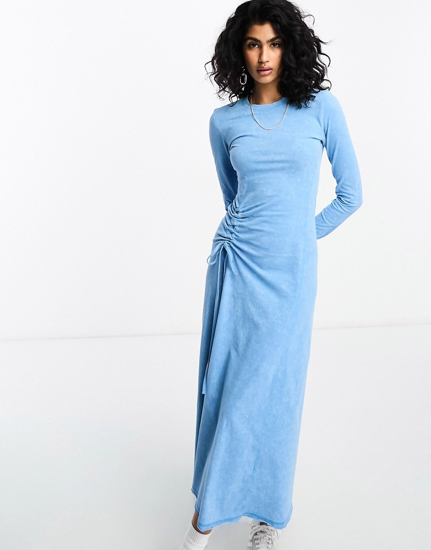 ASOS DESIGN long sleeve washed maxi dress with ruched side in blue
