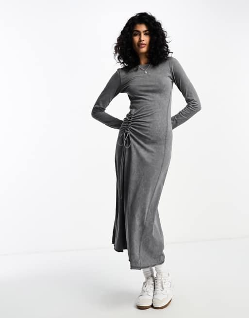 ASOS DESIGN long sleeve washed maxi dress with ruched side in washed ...