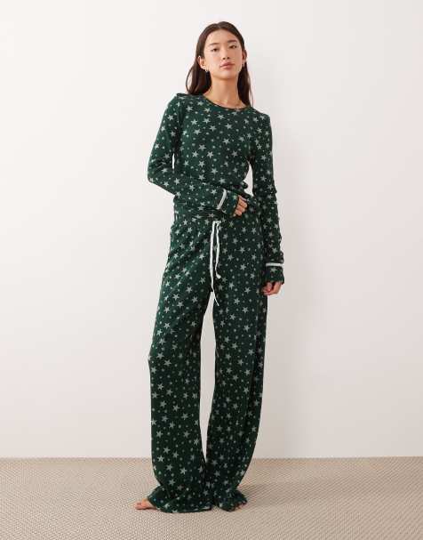 ASOS DESIGN long sleeve & wide leg pants waffle knit pajama gift set in green star print - view 1