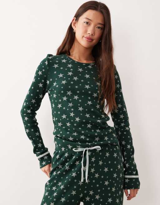 ASOS DESIGN long sleeve & wide leg pants waffle knit pajama gift set in green star print