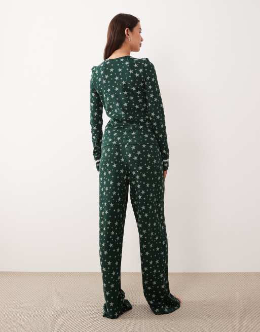 ASOS DESIGN long sleeve & wide leg pants waffle knit pajama gift set in green star print