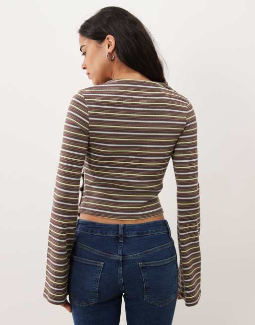 ASOS DESIGN long sleeve with asymmetric hem top in stripe brown, 2 of 4