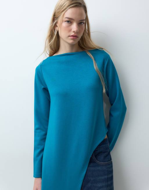 ASOS DESIGN long sleeve with aysm side split top in teal, 2 of 5