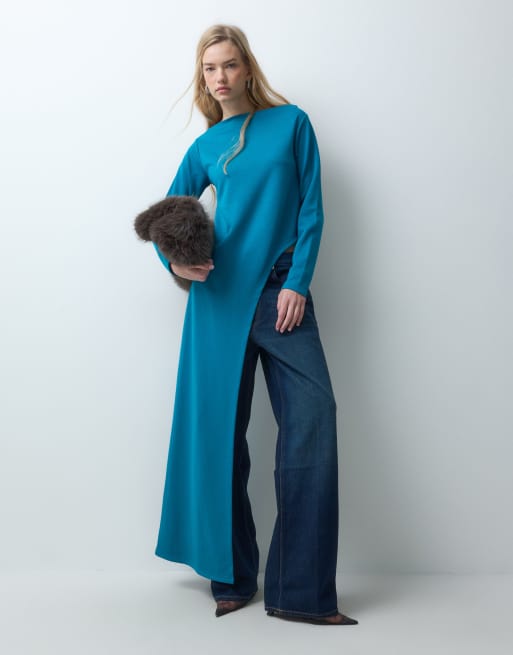 ASOS DESIGN long sleeve with aysm side split top in teal, 3 of 5