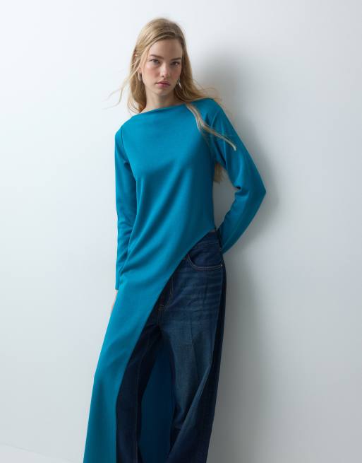 ASOS DESIGN long sleeve with aysm side split top in teal, 4 of 5
