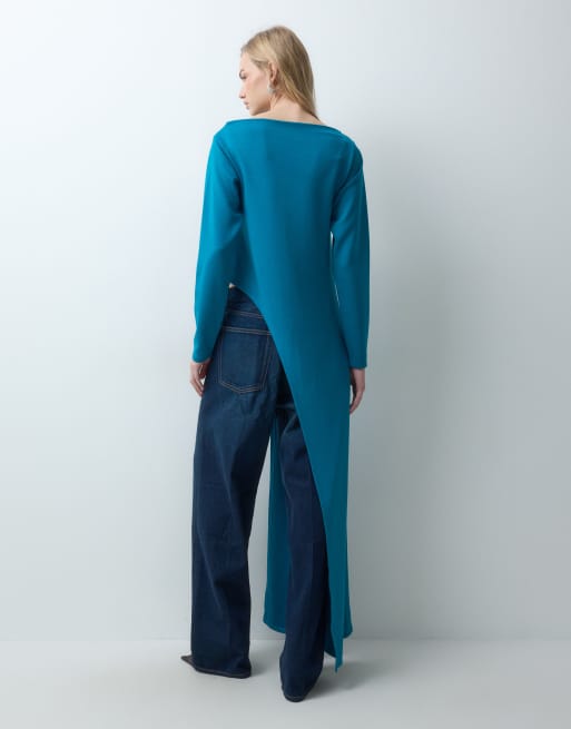 ASOS DESIGN long sleeve with aysm side split top in teal, 5 of 5