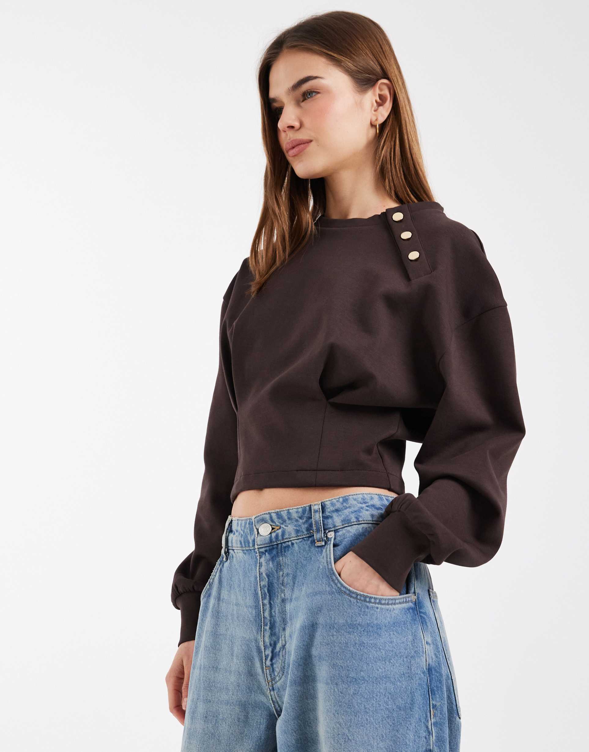 asos design long sleeve with button detail and collar top in brown