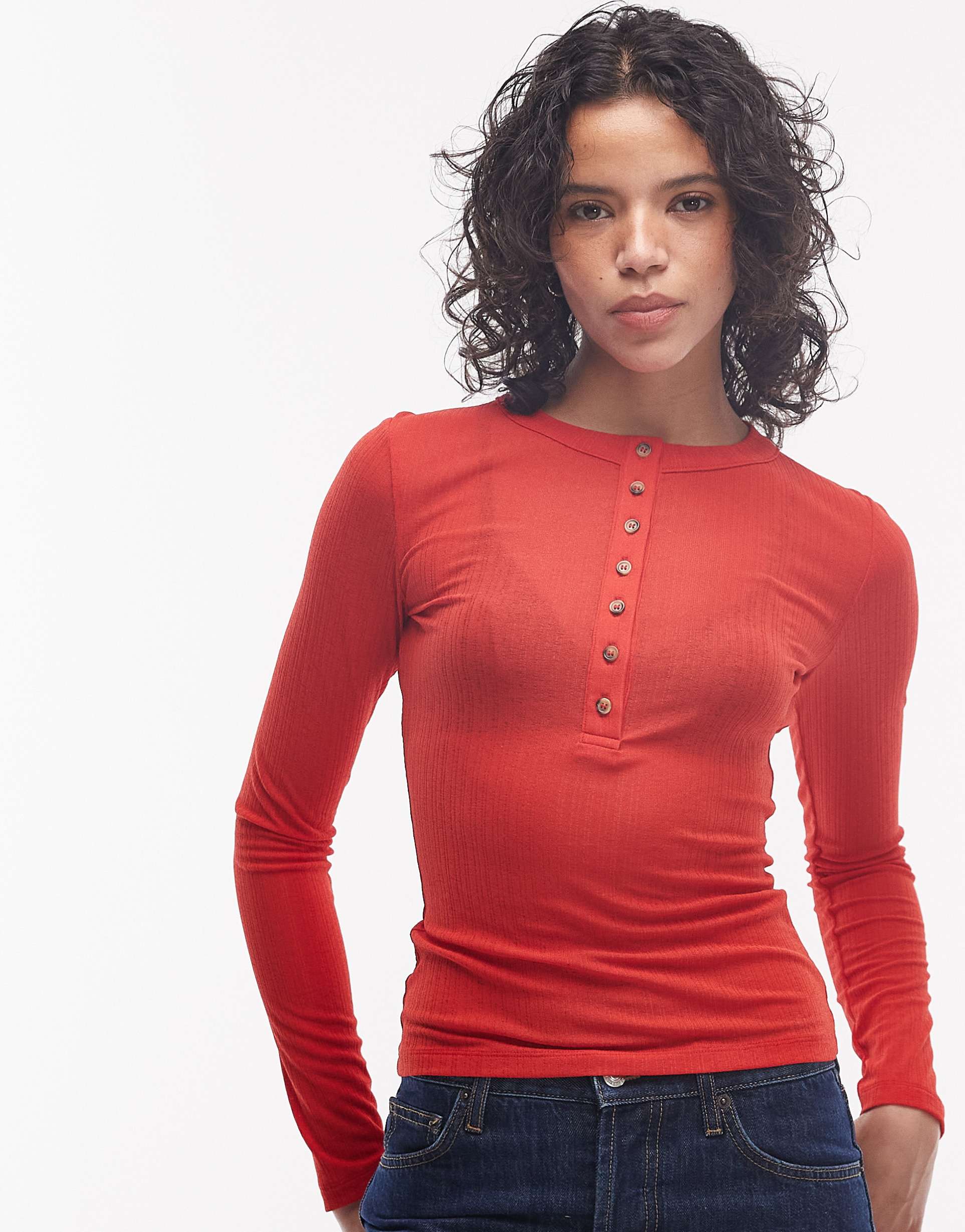 asos design long sleeve with button top in red