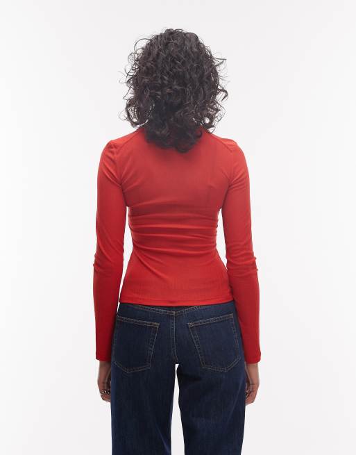 ASOS DESIGN long sleeve with button top in red, 4 of 4