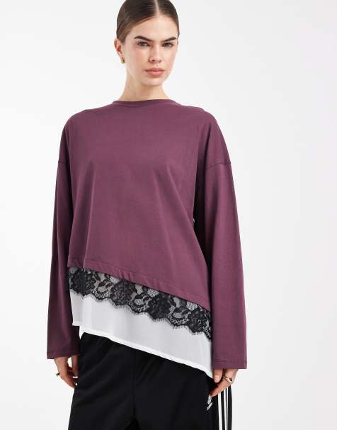 ASOS DESIGN long sleeve with chiffon underlay with lace trim top - view 1