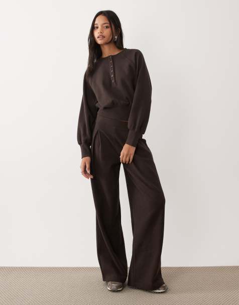 ASOS DESIGN long sleeve with cinched waist and button detail co-ord top in brown - view 1