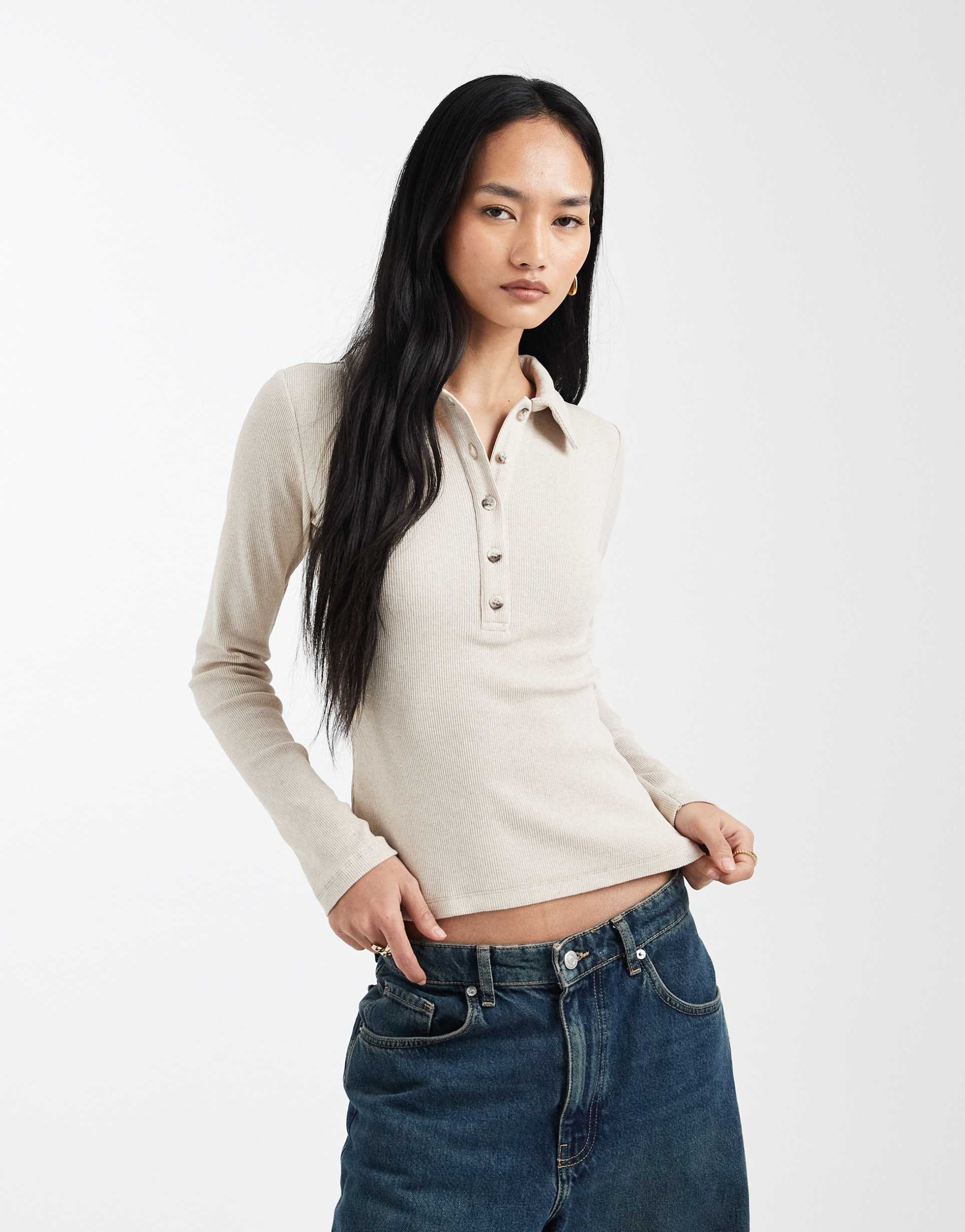 asos design long sleeve with collar top in cream