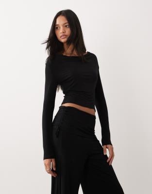 Asos Design Long Sleeve With Deep Cowl Top - Part Of A Set-black