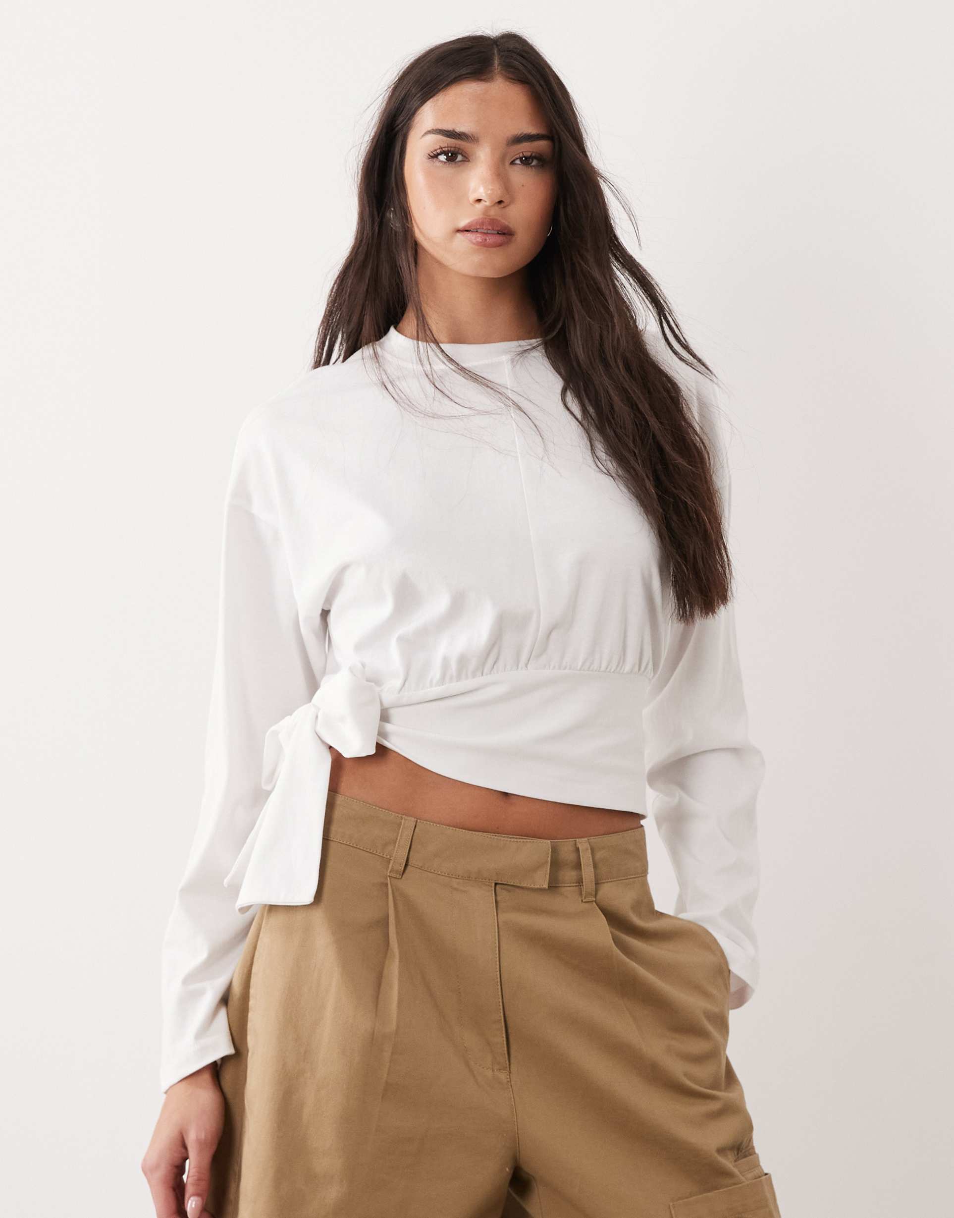 asos design long sleeve with drape top in white