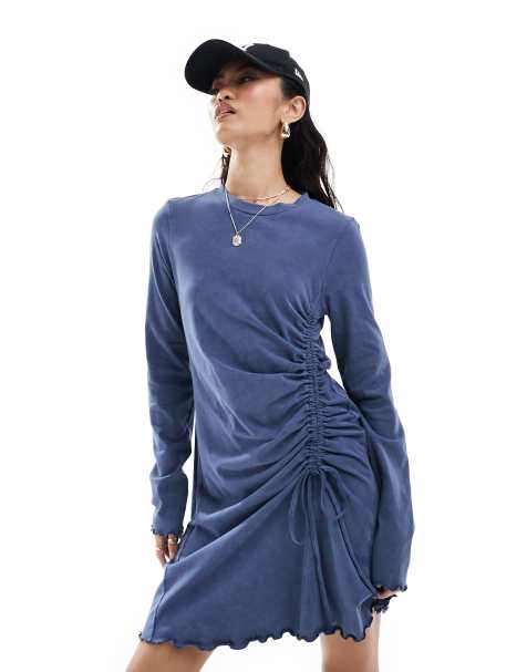 ASOS DESIGN long sleeve with ruching detail mini dress in charcoal acid wash - view 1