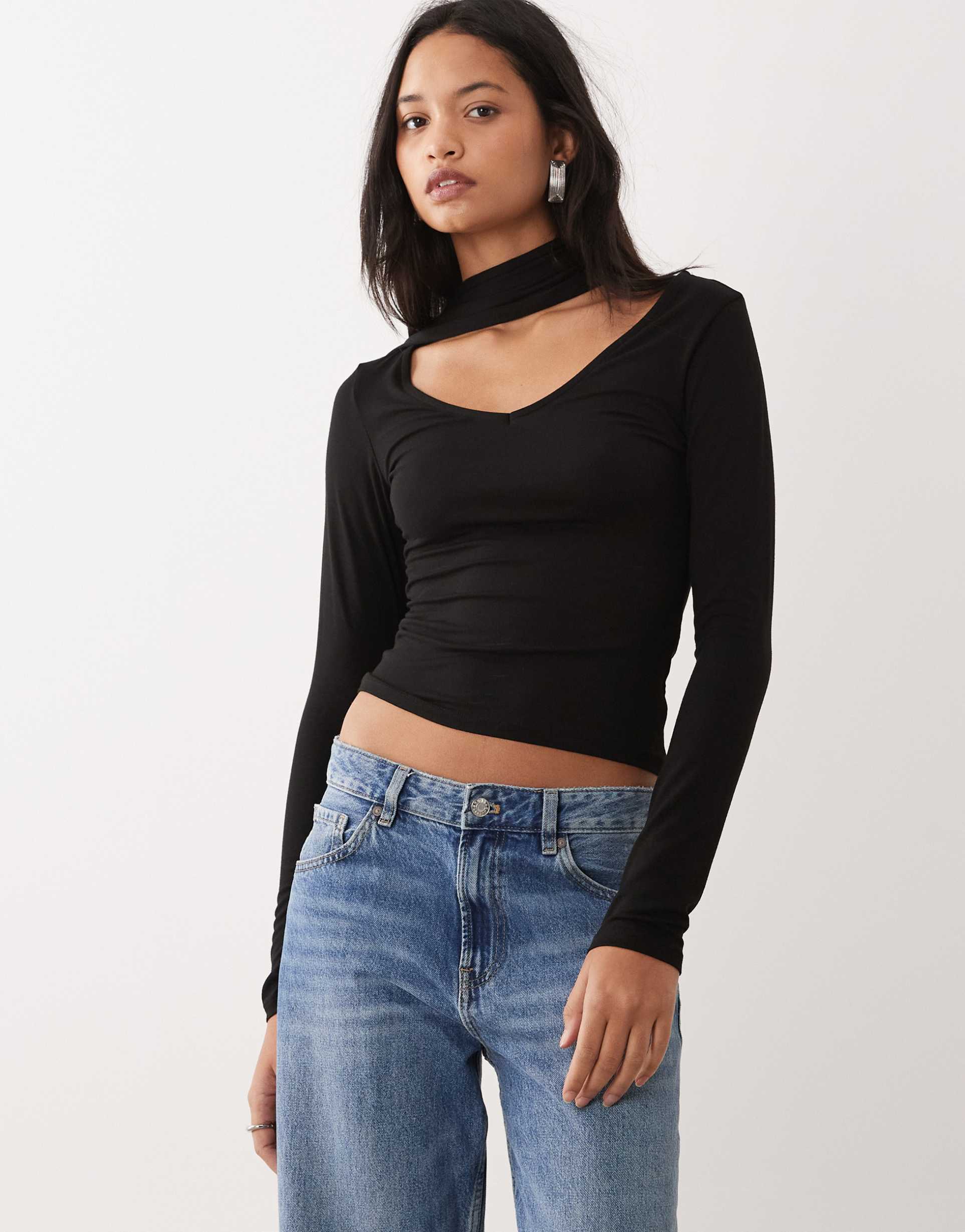 asos design long sleeve with scarf detail top in black
