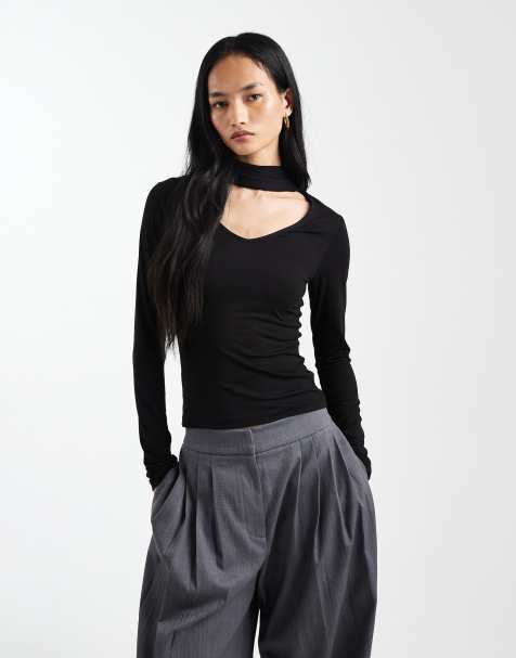 ASOS DESIGN long sleeve with scarf detail top in black