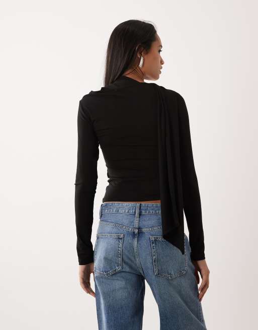 ASOS DESIGN long sleeve with scarf detail top in black, 4 of 4
