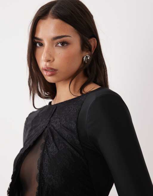 ASOS DESIGN long sleeve with sheer panels and lace trim maxi dress in black, 4 of 4
