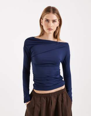 Asos Design Long Sleeve With Slash Neck And Ruching Top In Blue
