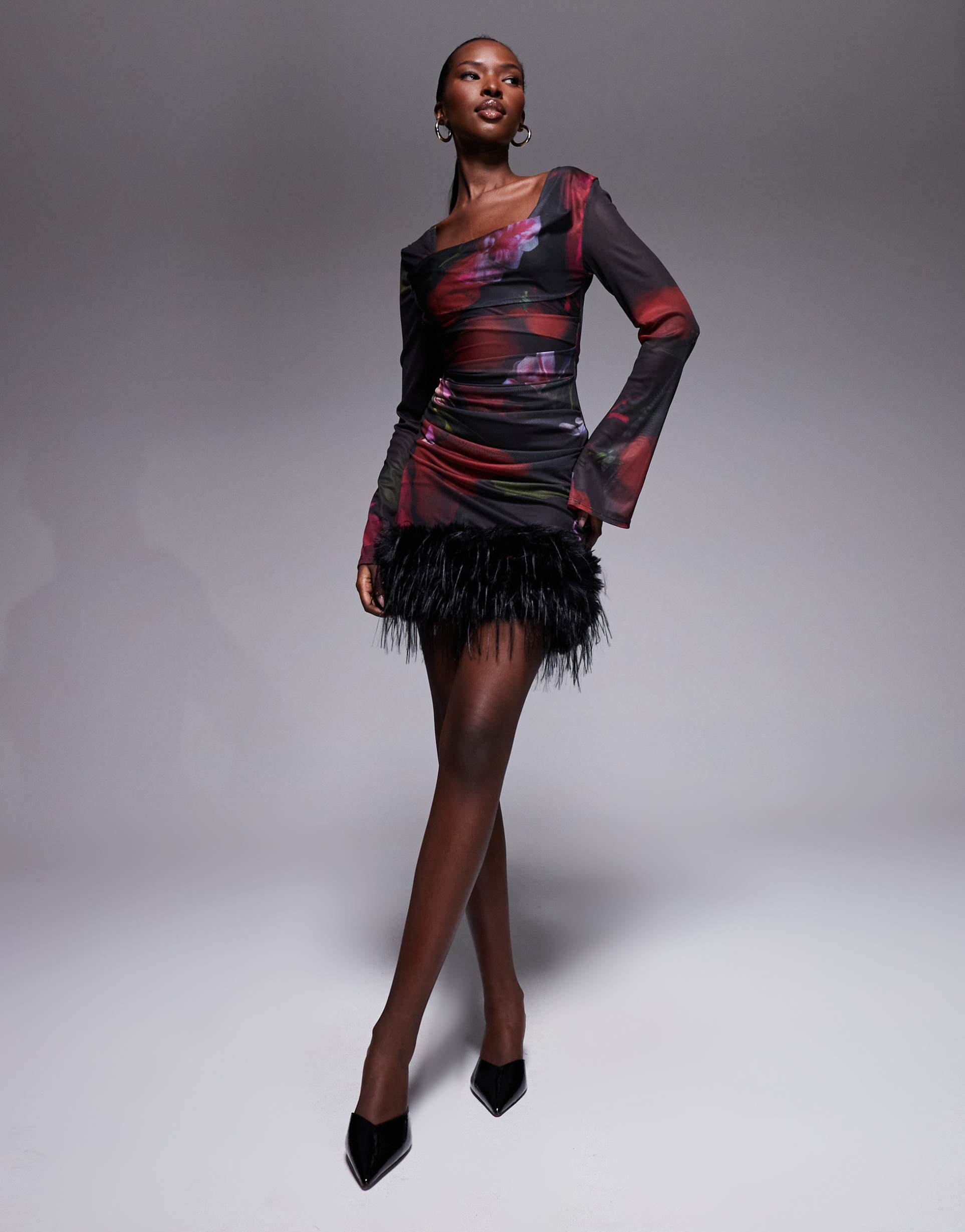 asos design long sleeve with square neck mesh mini dress with fur trim skirt in floral print