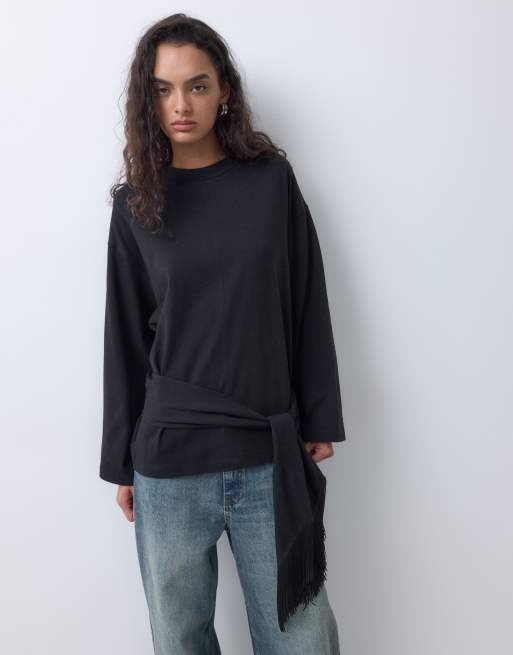 ASOS DESIGN long sleeve with tie detail with tassel top in black, 2 of 5