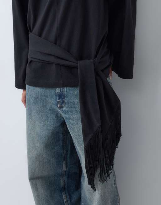 ASOS DESIGN long sleeve with tie detail with tassel top in black, 3 of 5