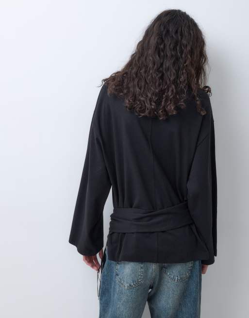 ASOS DESIGN long sleeve with tie detail with tassel top in black, 4 of 5