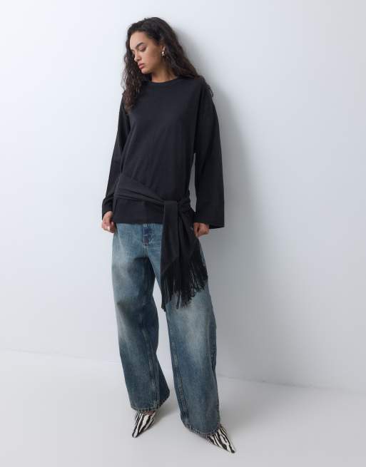 ASOS DESIGN long sleeve with tie detail with tassel top in black, 5 of 5