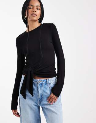 Asos Design Long Sleeve With Twist Detail Asymmetric Hem Top In Black