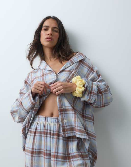 ASOS DESIGN long sleeve woven pyjama set in blue check, 2 of 5